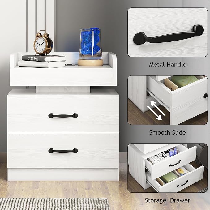 4ever2buy White Nightstand Set of 2 with Charging Station and LED Lights Modern Bedside Tables with 2 Drawers End Table for Bedroom - Image 7