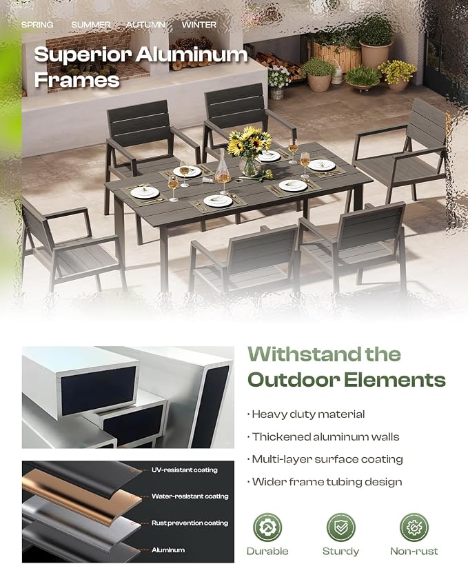 Outdoor Dining Set for 4, Patio Table and Chairs Set with Umbrella Hole, 5 Pieces HDPS + Aluminum Outdoor Furniture Sets for Patio, Garden (Gray & Teak) - Image 4