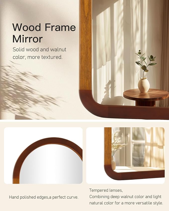 Arched Mirror 22 x 30 Inch,Brown Wood Rustic Bathroom Tempered Wall Mirror with Wood Frame,Round Corner Arch Farmhouse Wooden Vanity Mirror for Living Room,Entryway or Bedroom（Walnut Brown） - Image 5