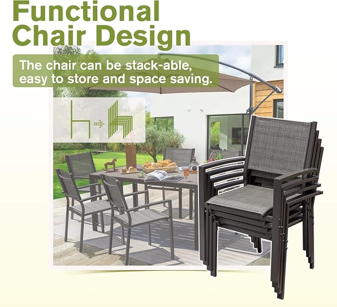Homall Patio Dining Set 7 Pieces Outdoor Furniture with Large Table and 6 Textilene Chairs for Porch, Poolside, Yard and Garden, Light Grey - Image 5