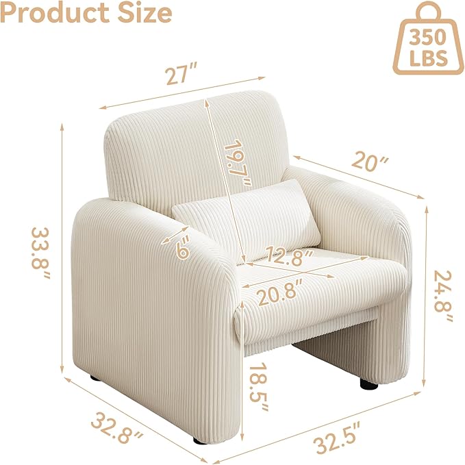 WUTUTUEE Corduroy Fabric Accent Chair, Modern Upholstered Living Room Chairs with Lumbar Pillow, Wide Comfy Leisure Armchair for Bedroom, Office, Reading, White
