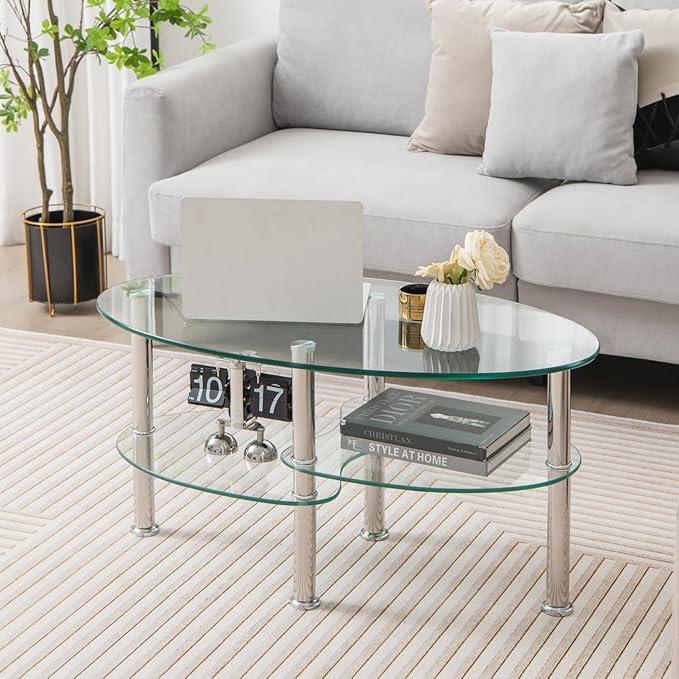 Giantex Oval Glass Coffee Table - 3-Tier Transparent Tempered Glass Table W/Sturdy Chrome Plated Legs, Small Sofa Side Table, End Table for Living Room, Bedroom, Office, 35"× 20" ×18" (Clear)
