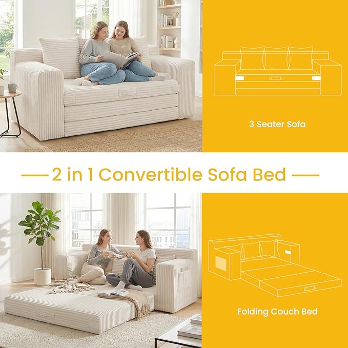 Boneless Couch Sleeper Sofa Bed: 3-in-1 Convertible Sofa Bed with Side Pockets & Handle,Pull Out Couch with 3 Pillows,Folding Futon for Small Space,Living Room & Bedroom