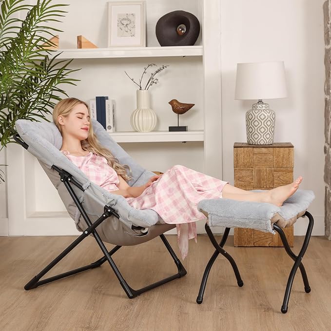 Comfy Saucer Chair for Adults, Soft Faux Fur Bedroom Chair with Ottoman, Accent Dorm Chairs, Living Room Reading Chairs and Footstool, Folding Seat for Teens, X-Large, Grey