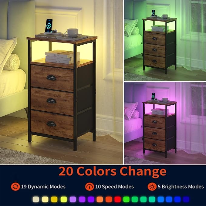 sthmec Nightstand with Charging Station,LED Night Stand with 3 Fabric Drawers, Bedside End Tables, 2-Tier Open Storage Shelf Side Table Nightstand with Drawers for Bedroom,Rustic Brown - Image 7