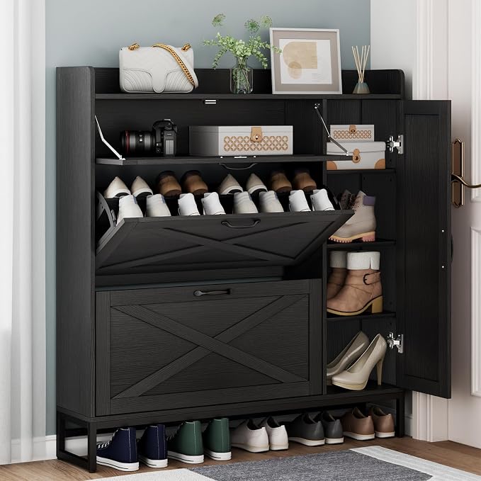 Auromie Free Standing Shoe Organizer with 2 Flip Drawers and Side Cabinet, Entryway Narrow Shoe Storage with Door for Hallway and Living Room (Black Plus) by AuromieDirect