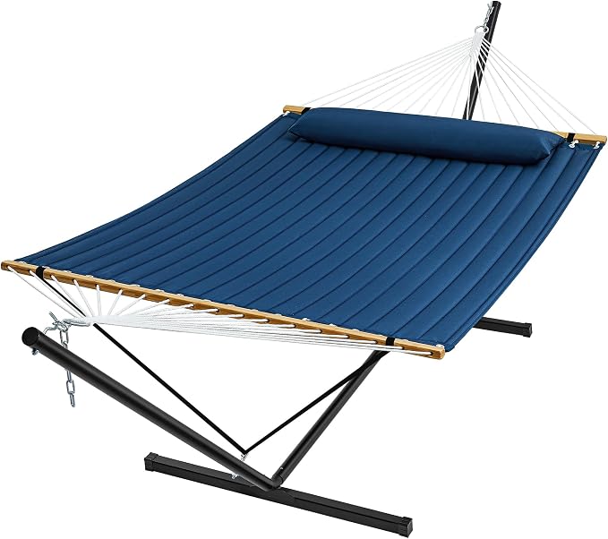 SUPERJARE Hammock with Stand, 2 Person Quilted Outdoor Hammock, Detachable Pillow & Bamboo Spreaders, Portable Hammock with Carrying Bag, Heavy Duty Stand, Perfect for Outside, Patio, Navy Blue by SUPERJARE