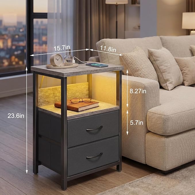 Fixwal Night Stand with Charging Station, LED Nightstand with U-S-B Ports and Outlets, 2 Fabric Storage Drawers with PU Finish, Bed Side Table, French Oak - Image 3