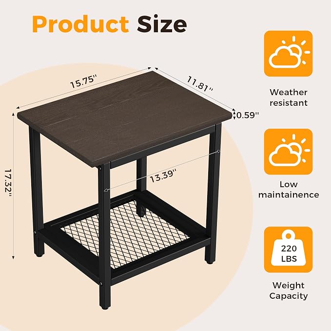 2-Tier Outdoor Side Table with Storage, Weather Resistant Patio End Table, HDPS Small Accent Table for Deck, Garden, Pool, Backyard, Brown - Image 3