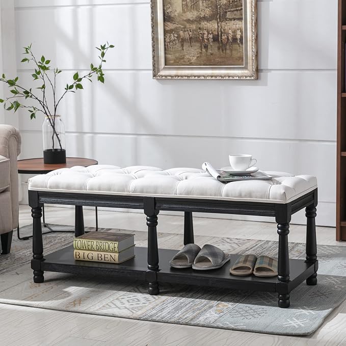 DUOMAY Mid-Century Tufted Storage Bench with Shelf, Linen Upholstered Farmhouse Entryway Shoe Bench Ottoman Bed End Stool for Bedroom Living Room Dining Room, Black Wood Frame, White - Image 2