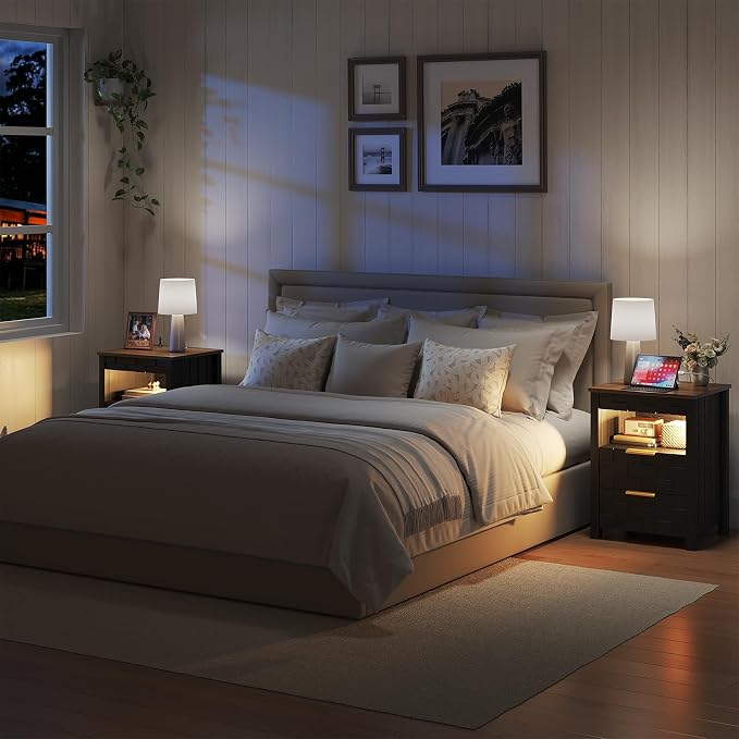 Dystler Night Stand Set of 2 with Charging Station - Bedside Table with Gun Drawer and 2 Drawers, Smart Side Table with 3-Color Human Sensor LED Lights for Bedroom, Black - Image 2