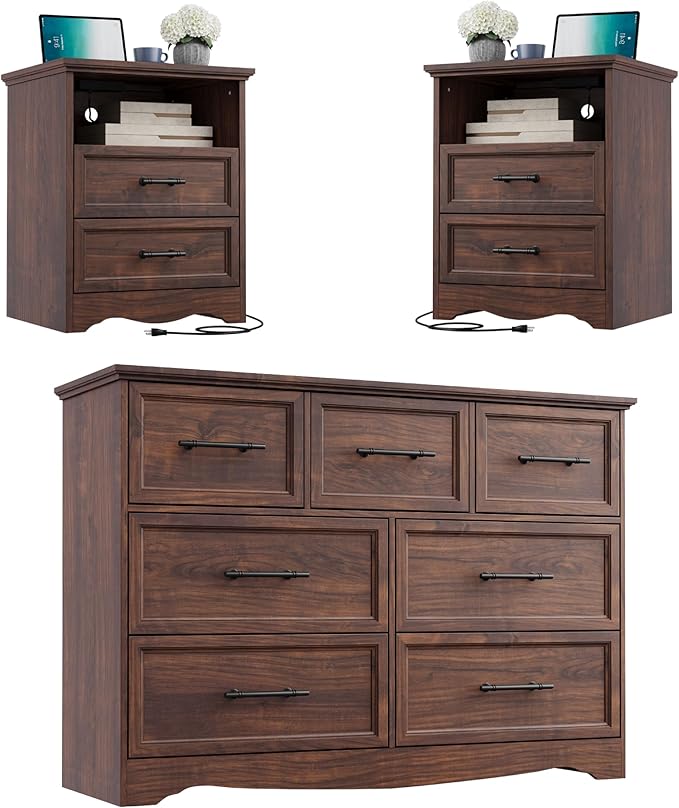 Bedroom Set, 3 Pieces Bedroom Furniture Set, Wood 7 Drawer Dresser and Nightstands with Charging Station, Farmhouse Storage Organizer Cabinet for Bedroom, Walnut