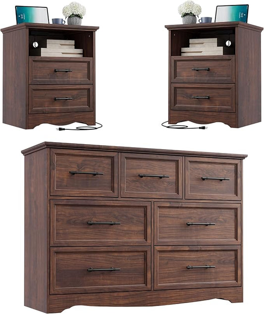 Bedroom Set, 3 Pieces Bedroom Furniture Set, Wood 7 Drawer Dresser and Nightstands with Charging Station, Farmhouse Storage Organizer Cabinet for Bedroom, Walnut