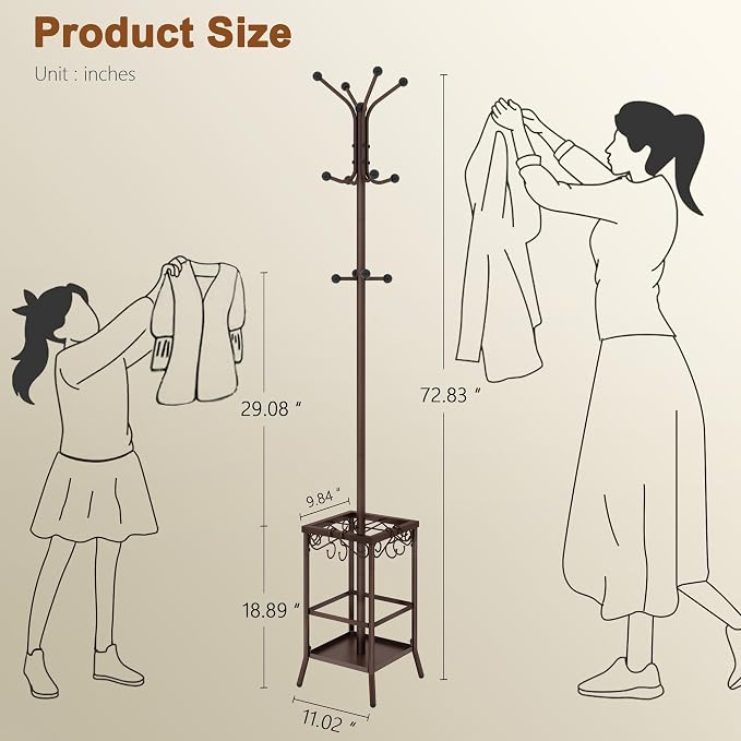 Hoctieon Coat Rack Freestanding, Coat Tree with Umbrella Holder, Metal Coat Rack Stand with 12 Hooks, Standing Coat Hanger Stand, Umbrella Stand for Entryway, Hat Rack Stand for Home Office, Brown - Image 10