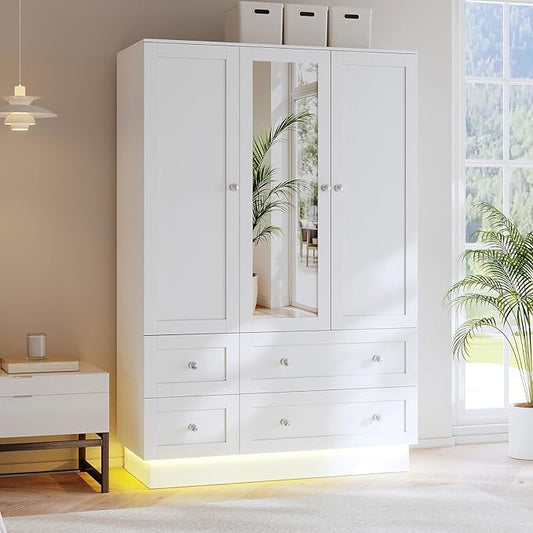 VOWNER Wardrobe Closet with 3 Doors, Bedroom Armoire with Mirror, LED Light, 4 Drawers and Hanging Rod, Large Capacity Storage Closet for Bedroom, White 47" L