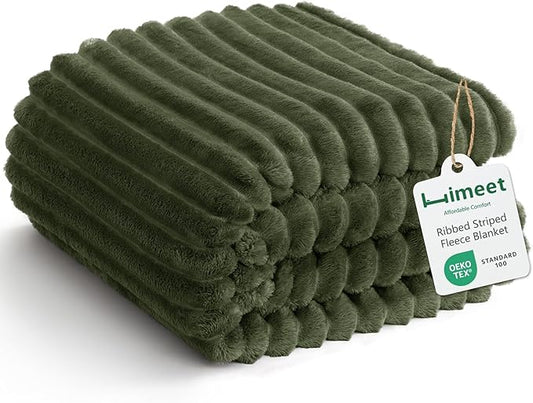 HIMEET Olive Green Ribbed King Size Blanket for Bed - 300GSM Lightweight Fleece Blanket for Men Women, Large Sofa Couch Bed Blankets Gifts, Striped Home Room Decor, Olive Green, 108x90 Inches