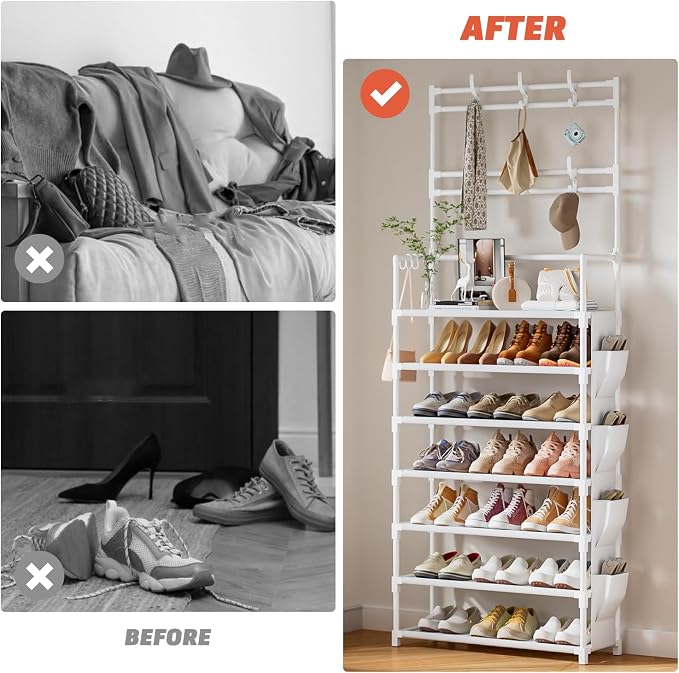 OYREL Shoe Rack 7 Tier Shoe Organizer Storage 21-28 Pairs Closet Shoes Rack for Front Door Entrance Shoe Rack Organizer with Hooks Side Pocket Entryway Large Capacity Shoe Shelf Tower Garage - Image 8
