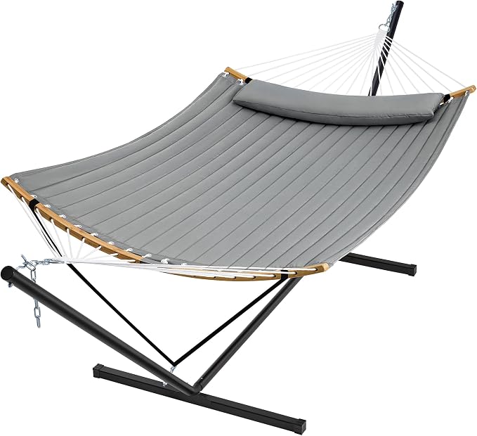 SUPERJARE Hammock with Stand, 2 Person Heavy Duty Hammock Frame, Detachable Pillow & Strong Curved-Bar & Portable Carrying Bag, Perfect for Outdoor & Indoor - Gray by SUPERJARE