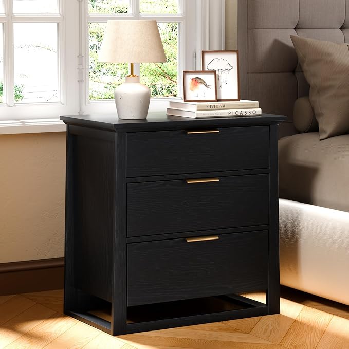Rresyet 26 inch Wide Night Stand with Spacious Storage, 3 Drawer Nightstand, Wooden Side Table for Bedroom & Office (Black) - Image 6