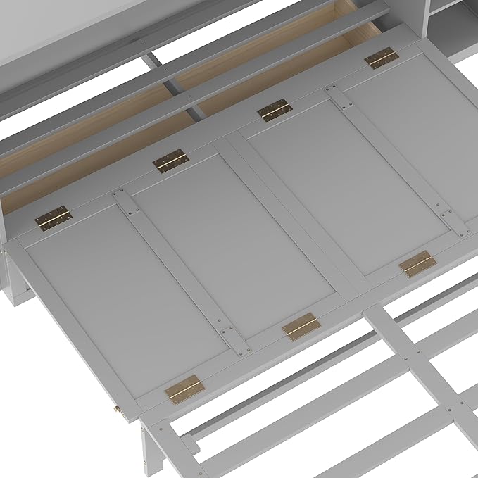 Bellemave Queen Size Murphy Bed, Cabinet Bed with 2 Shelves and Storage Drawers, Farmhouse Murphy Cabinet, Noisy Free, for Guest Bedroom, Living Room, Office, Light Gray
