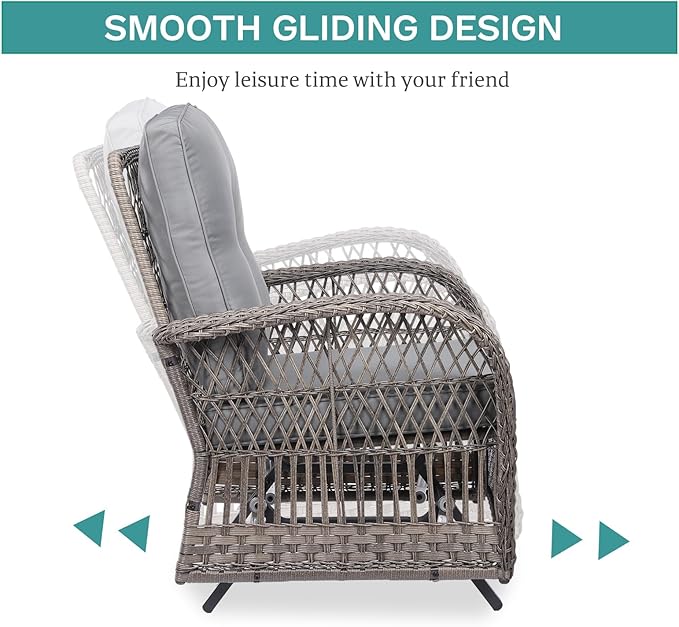 MEETWARM Patio Wicker Rocking Glider Set, All-Weather Outdoor Rattan Patio Rocking Chairs of 2, Patio Conversation Set with Thickened Cushions for Porch Garden & Backyard, Gray
