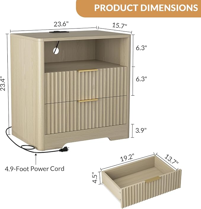 Modern Fluted Nightstands Set of 2 with Charging Station, Drawers, and Smart Night Light, Large Wood Nightstand with Storage Shelf,Bed Side Table for Bedroom, Living Room - Image 2