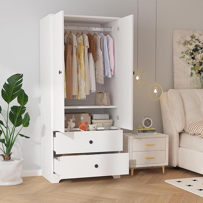 TROPOW Wood Armoire Wardrobe Closet, 71" Wood Clothing Storage Cabinets with 2 Doors, 1 Adjustable Shelf and 2 Drawers, Wardrobe Cabinet with Hanging Rod for Bedroom, Gym, Cloak Room, White