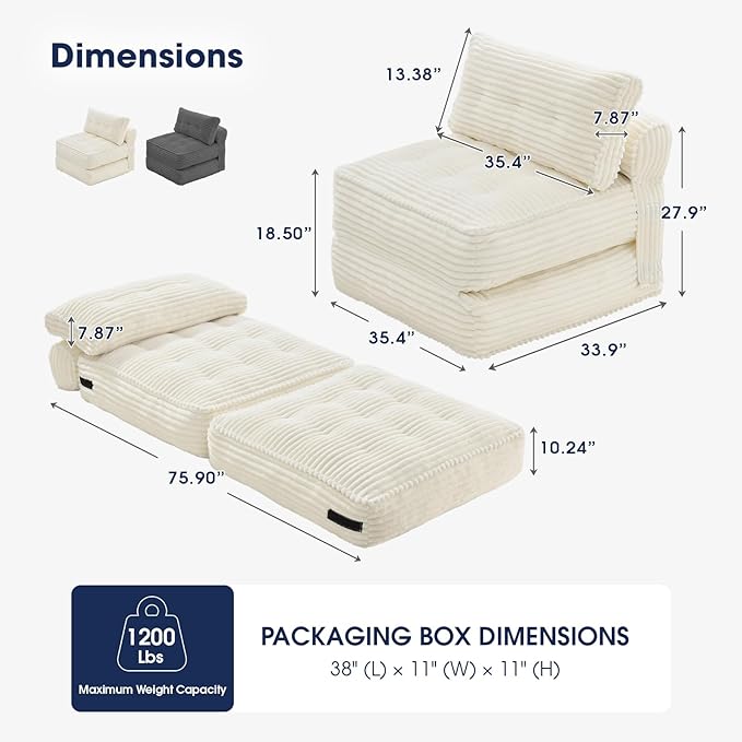 KINGYES Folding Sofa Bed, Corduroy Convertible Sleeper Chair with Pillow, Foldable Single Futon Chair for Living Room, Beige