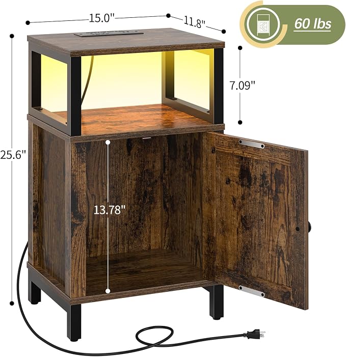 Yoobure Farmhouse NightStand with Charging Station，Wood Night Stand End Table with USB Ports, LED Bed Side Table with Storage Cabinet，Bedside Table for Bedroom, Living Room Rustic Brown - Image 3