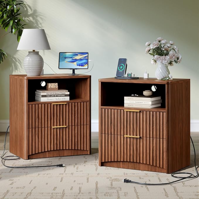 Evermagin Fluted Nightstand Set of 2 with Charging Station, Walnut Bedside Table with 2 Drawers, Wood End Table with Storage Mid Century Modern, Large Night Stand for Bedroom by Evermagin
