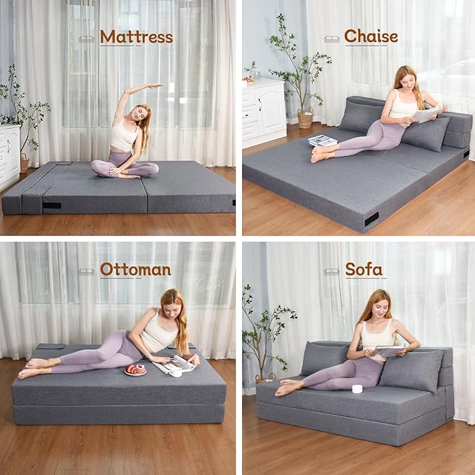 Folding Sofa Bed, Foldable Bed Sleeper Chair with Removable Washable Cover, Convertible Fold Out Couch with Pillow, Futon Couch for Living Room, Dorm, Guest Room, Queen Size, Light Grey