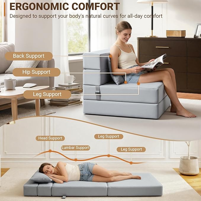 BeBen Folding Sofa Bed, Boneless Foldable Chair Bed, Convertible Futon Sleeper Chair Couch, Single Lazy Floor Lounger Sofa Couch for Small Spaces, Dorm, Guest Room, Living Room, Apartment, Grey