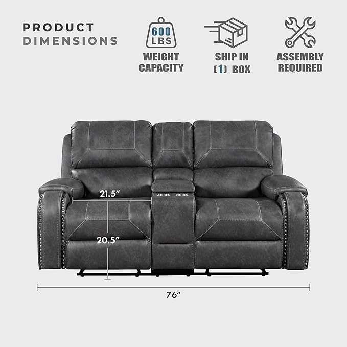 Lexicon Modern Double Reclining Loveseat, Faux Leather Recliner Loveseat with Nailhead, Center Console, Receptacle and USB Ports, Manual Recliner Loveseat Couch for Living Room/Office/Apartment, Grey