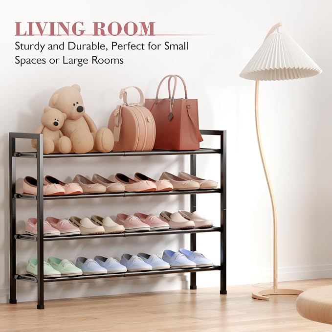 Bumusty 4-Tier Expandable Shoe Rack for Closet, 18“-33” Adjustable Shoe Rack for Small Space, Small Shoe Organizer for Front Door, Sturdy Metal, Black - Image 4