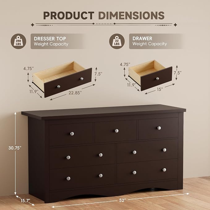 Furmax Dresser for Bedroom, 7 Wood Dresser, Chest of Drawers, for TV up to 65 inch, TV Stand Storage Chest of Drawers for Hallway Entryway (Brown) - Image 3