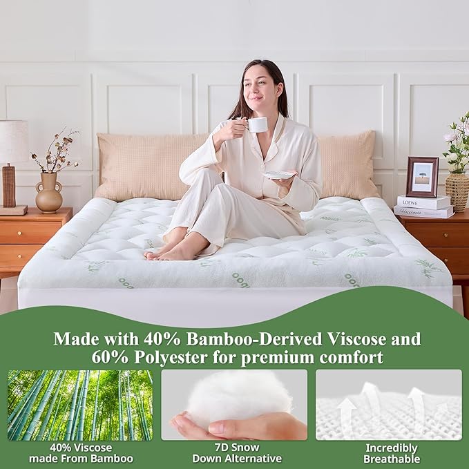 King Mattress Topper, Viscose Derived from Bamboo Thick Pillow Top Mattress Pad with Deep Pocket, Naturally Cooling for Hot Sleepers, Soft for Back Pain Relief, Green