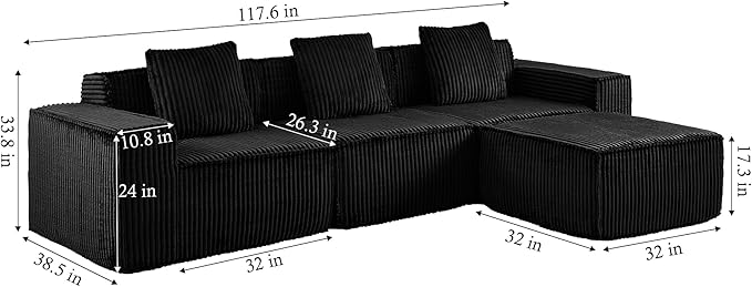 L-Shaped Corner Corduroy Sectional Sofa 4 Seat Modular Boneless Sofa Foam Cloud Couch with Movable Ottoman and Toss Pillows,Modern Deep Seat Convertible Chaise Sofa