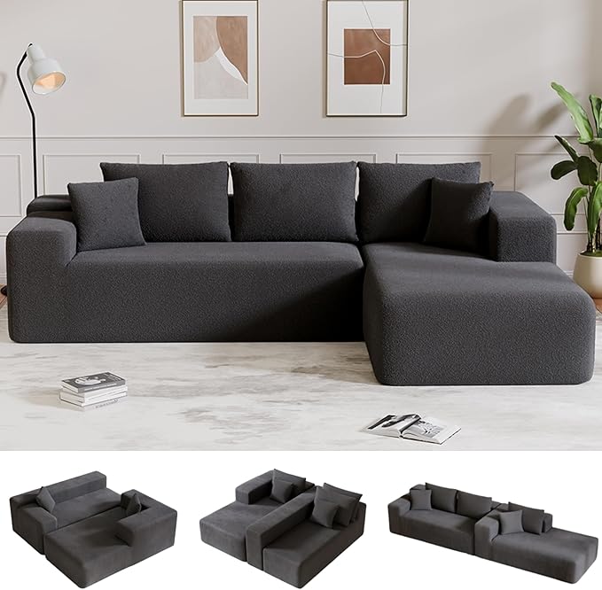 104” Sectional Cloud Couch, L-Shape Compressed Sofa with Left Chaise Lounge, Modular Cloud Couch with 2 Pillows & Deep Seat, Rain Drop Velvet Floor Sofa for Living Room, Dark Gray