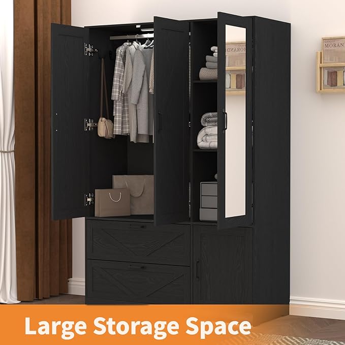 Armoire Wardrobe Closet, 72'' Wardrobe Cabinet with 2 Drawers & Mirror, 3 Doors Bedroom Clothes Closet with Hanging Rod & Built-in Light, Wooden Wardrobe Cabinet with Adjustable Shelf for Bedroom