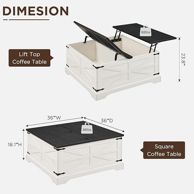 JXQTLINGMU 36" Farmhouse Lift Top Coffee Table with Storage, Wood Square Center Table with Large Hidden Compartment, Rustic Lift Tabletop Dining Table for Home Living Room, White