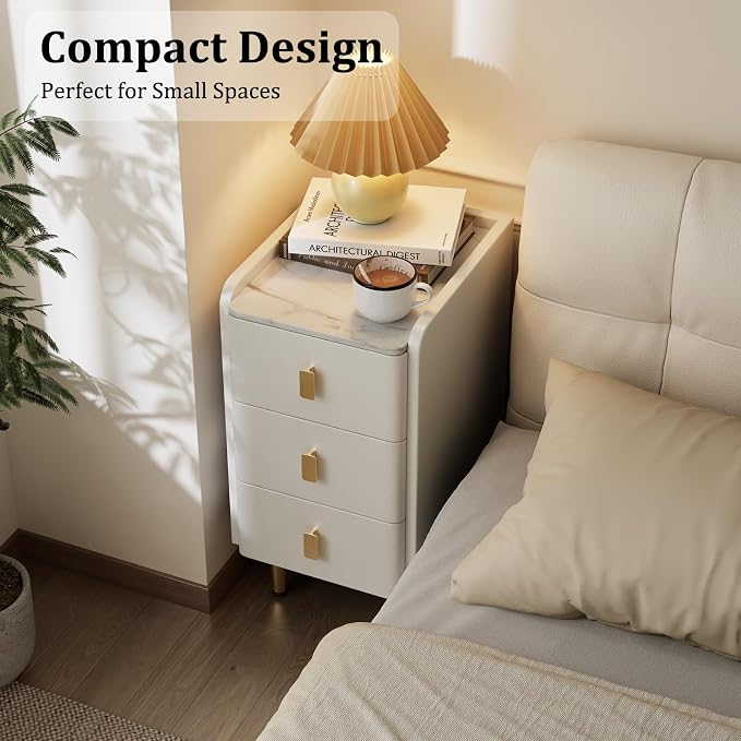 AQIMUELE Narrow Nightstand with Drawers, Narrow Side Table Leather, Small Bedside Tables for Bedroom. (White) - Image 4