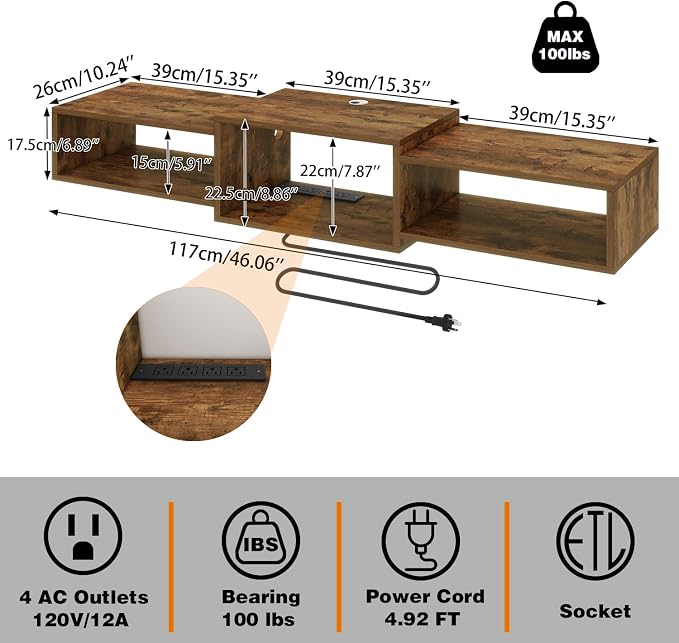 IBUYKE Floating TV Stand Wall Mounted with Power Outlet,Wood Wall Mounted Media Console Shelf,Floating Entertainment Center for Under TV Storage for Living Room Bedroom Office,Rustic Brown WST001H - Image 3