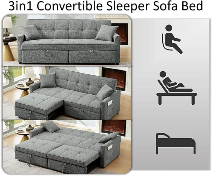 82" 3 in 1 Convertible Sleeper Sofa Bed, Modern Fabric Pull Out Couch, Loveseat Sofa with Pillows & Pockets, Futon Couch Bed Reclining Backrest for Living Room, Bedroom, Apartment, Grey