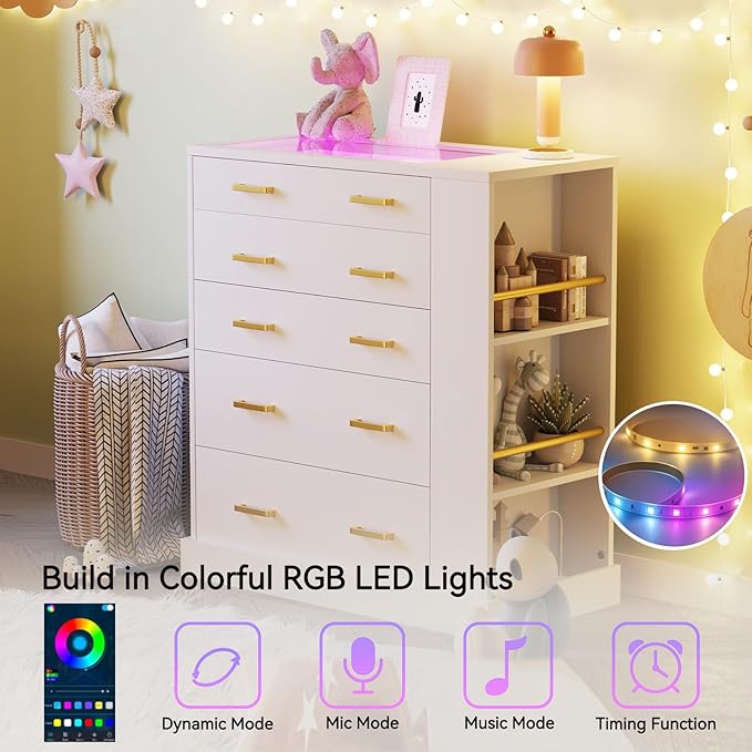 Closet Island with Open Shelves, Modern Glass Top Dresser with LED Lights, Tall Chest of Drawers with Jewelry Organizer for Bedroom,Living Room, Bedroom, Hallway, Entryway, White