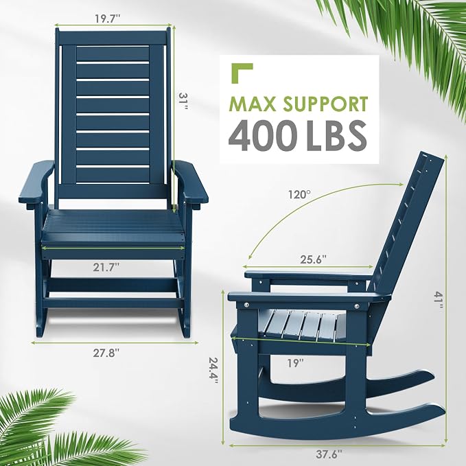 GREENVINES Outdoor Rocking Chairs | Set of 4 | Porch Rocker | HDPE Plastic | Blue | Oversized Rockers | High Back | Big & Tall | Ladder Back | for Patio Outside Backyard Balcony Garden - Image 3