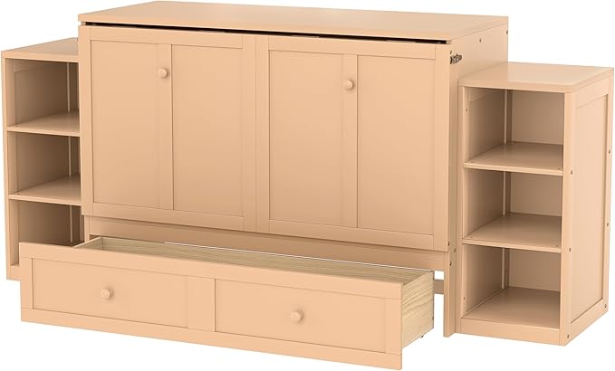 Bellemave Full Size Murphy Bed, Cabinet Bed with 2 Shelves and Storage Drawers, Farmhouse Murphy Cabinet, Noisy Free, for Guest Bedroom, Living Room, Office, Golden