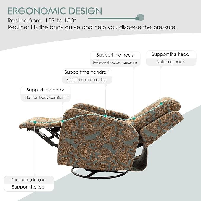 HULALA Home Recliner Chair Modern Printed Fabric for Living Room, Wingback Rocker Recliner Sofa Comfy Armchair 360 Degree Swivel, Nursery Rocking Chairs with Adjustable Backrest & Footrest/Teal