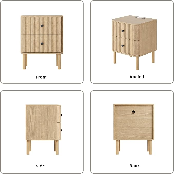 Fluted Nightstand, Modern Night Stand, 2 Drawers Nightstand with Charging Station, Wooden End Table Rounded Corners & Solid Wood Legs, Bedside Table for Bedroom Sofa Home Office,Natural Oak - Image 7