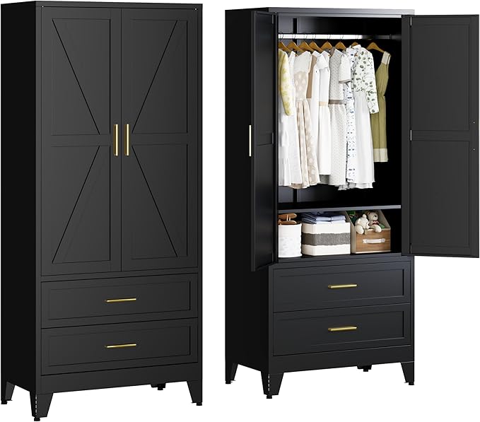 Metal Armoire Wardrobe Closet with 2 Drawers, 71" Wardrobe Cabinet with 1 Adjustable Shelf & 1 Hanging Rod for Bedroom, Black Metal Closet Storage Cabinet with 2 Doors & 2 Drawers