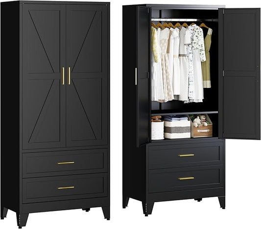 Metal Armoire Wardrobe Closet with 2 Drawers, 71" Wardrobe Cabinet with 1 Adjustable Shelf & 1 Hanging Rod for Bedroom, Black Metal Closet Storage Cabinet with 2 Doors & 2 Drawers